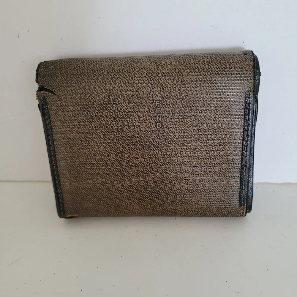 Vintage Fendi sas Brown Coated Canvas Trifold Wallet Black Leather Trim Italy